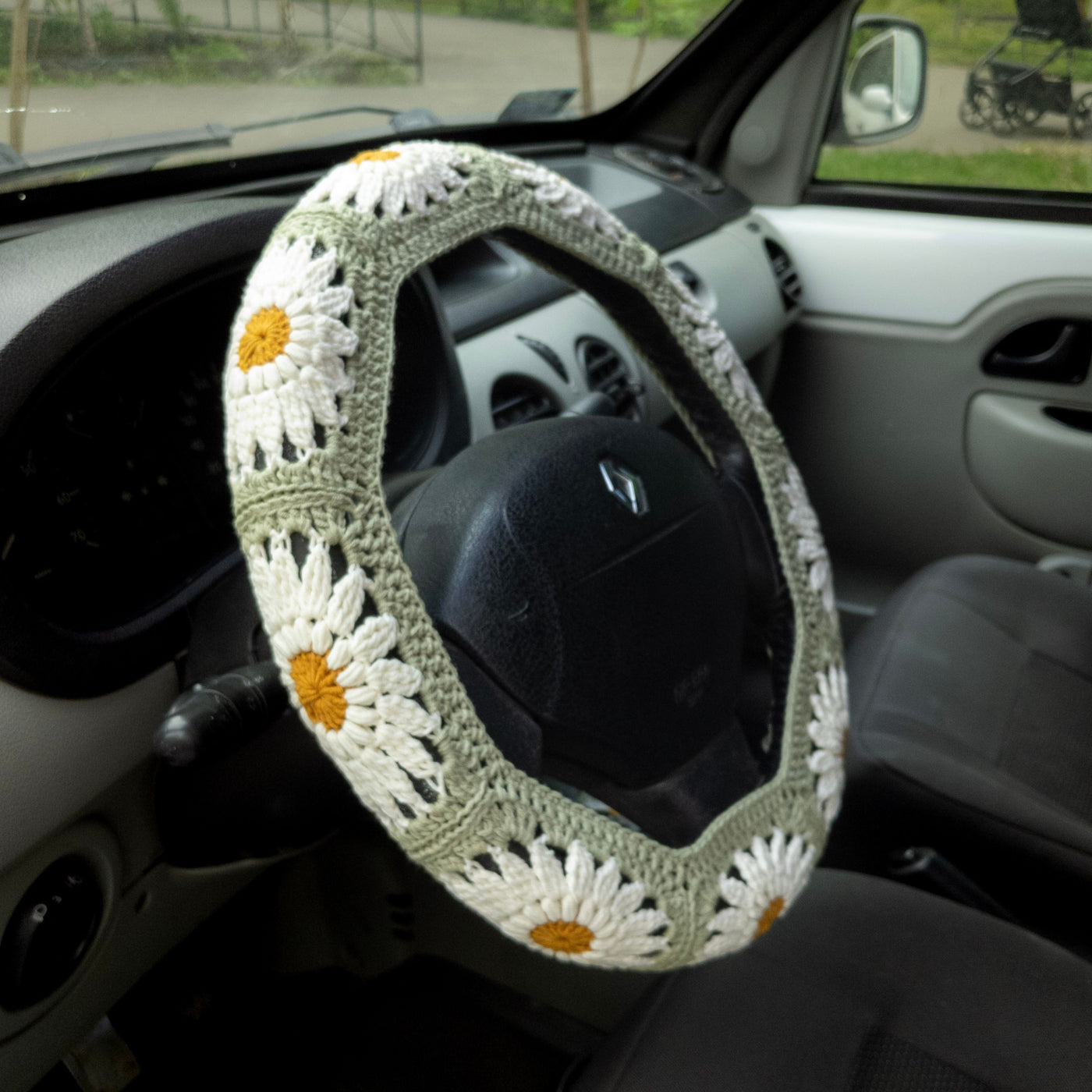Dusty Sage Green Daisy Steering Wheel Cover Set with car coasters and seat belt covers