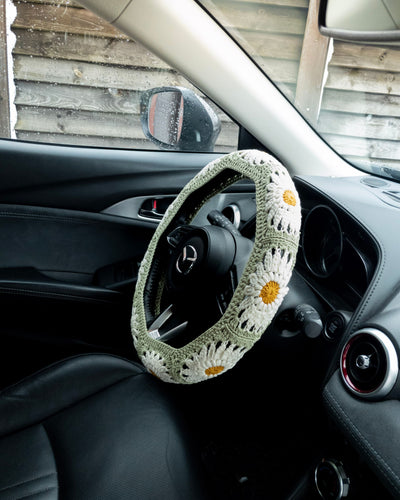 Dusty Sage Green Daisy Steering Wheel Cover Set with car coasters and seat belt covers