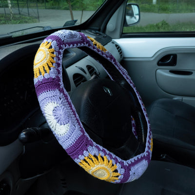 Purple  Sun and Moon Steering Wheel Cover Set with car coasters and seat belt covers