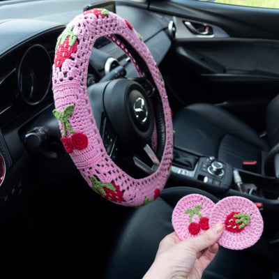 Strawberry and Cherry Steering Wheel Cover Set with car coasters and seat belt covers (hand crochet)