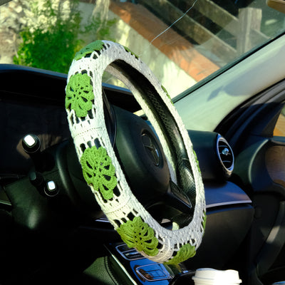 Monstera Steering Wheel Cover Set with car coasters and seat belt covers