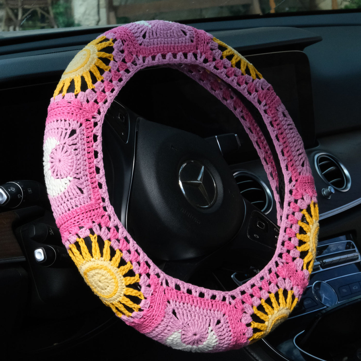 Pink Sun and Moon Steering Wheel Cover Set with car coasters and seat belt covers