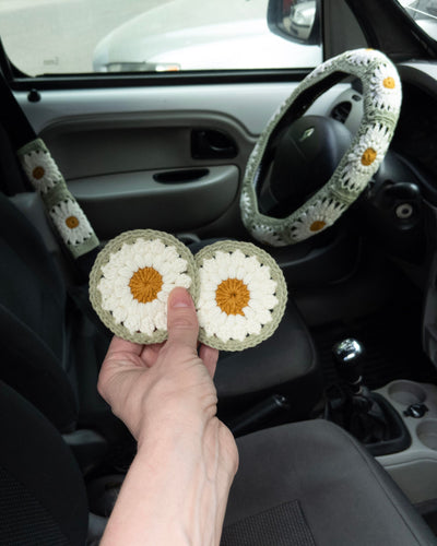 Dusty Sage Green Daisy Steering Wheel Cover Set with car coasters and seat belt covers