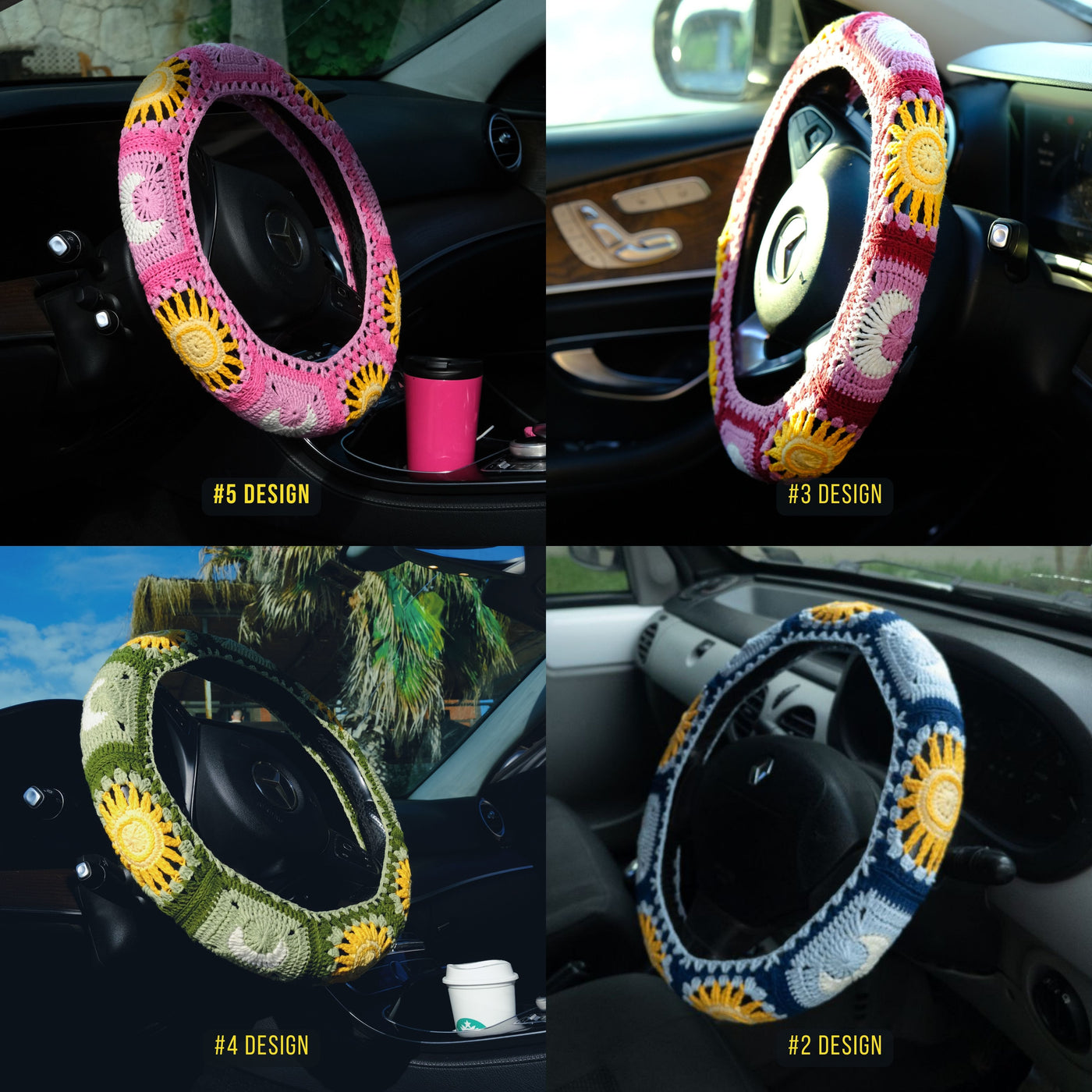 Purple  Sun and Moon Steering Wheel Cover Set with car coasters and seat belt covers