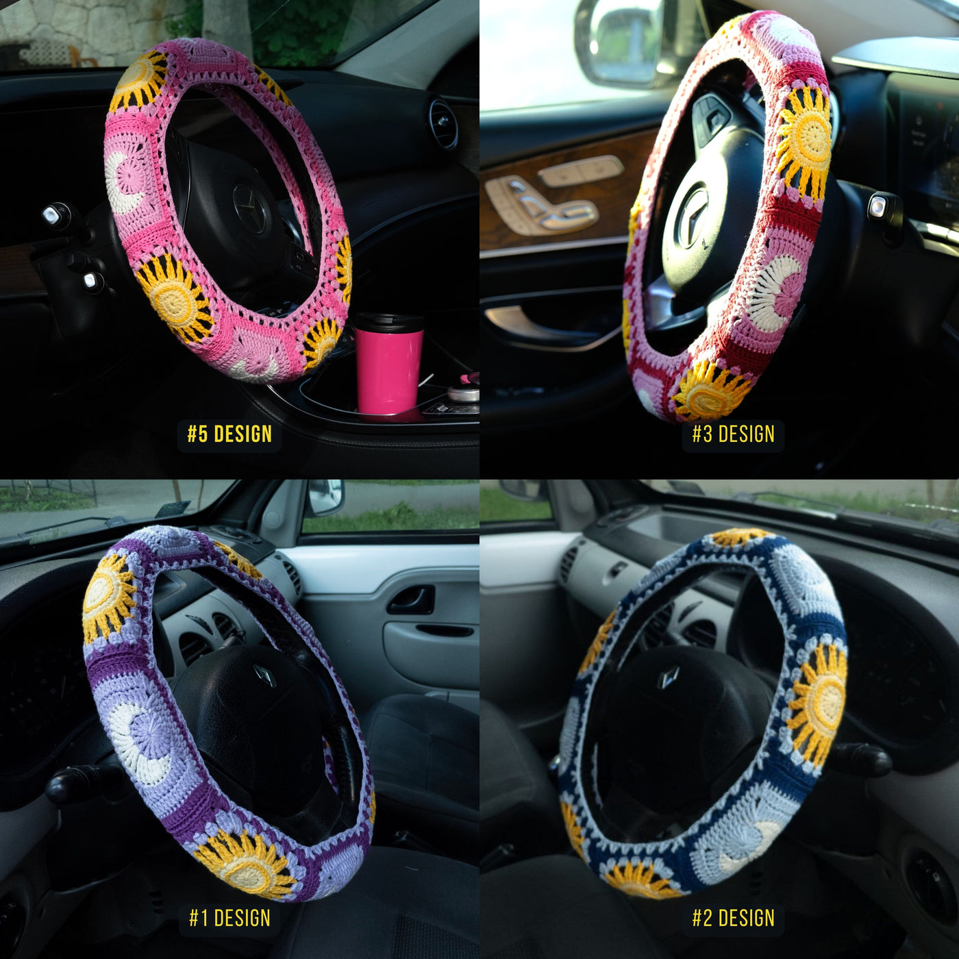 Green Sun and Moon Steering Wheel Cover Set with car coasters and seat belt covers