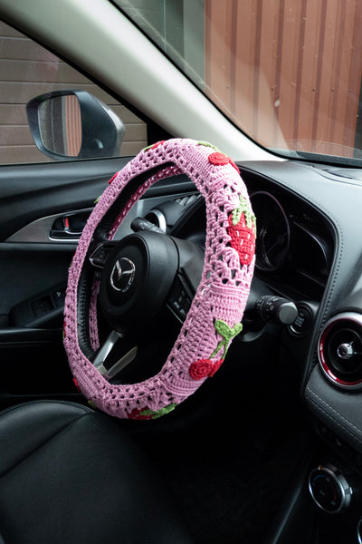 Strawberry and Cherry Steering Wheel Cover Set with car coasters and seat belt covers (hand crochet)