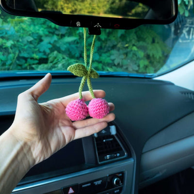 🌸Pink Cherry Rear View Mirror Hanging Charm 🍒 - Soft & Hypoallergenic, perfect for new car gifts! 🚗✨