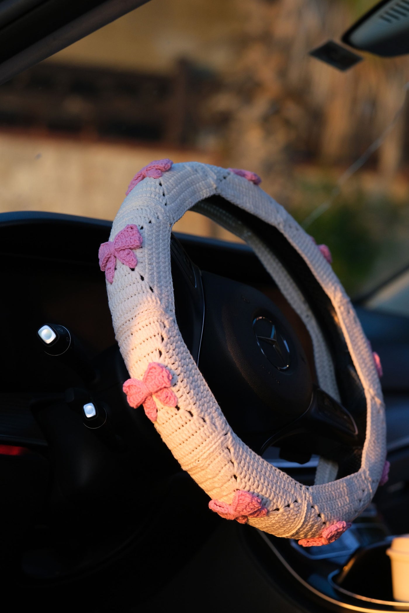 Bow Steering Wheel Cover Set with car coasters and seat belt covers
