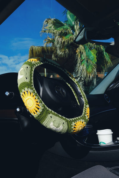 Green Sun and Moon Steering Wheel Cover Set with car coasters and seat belt covers