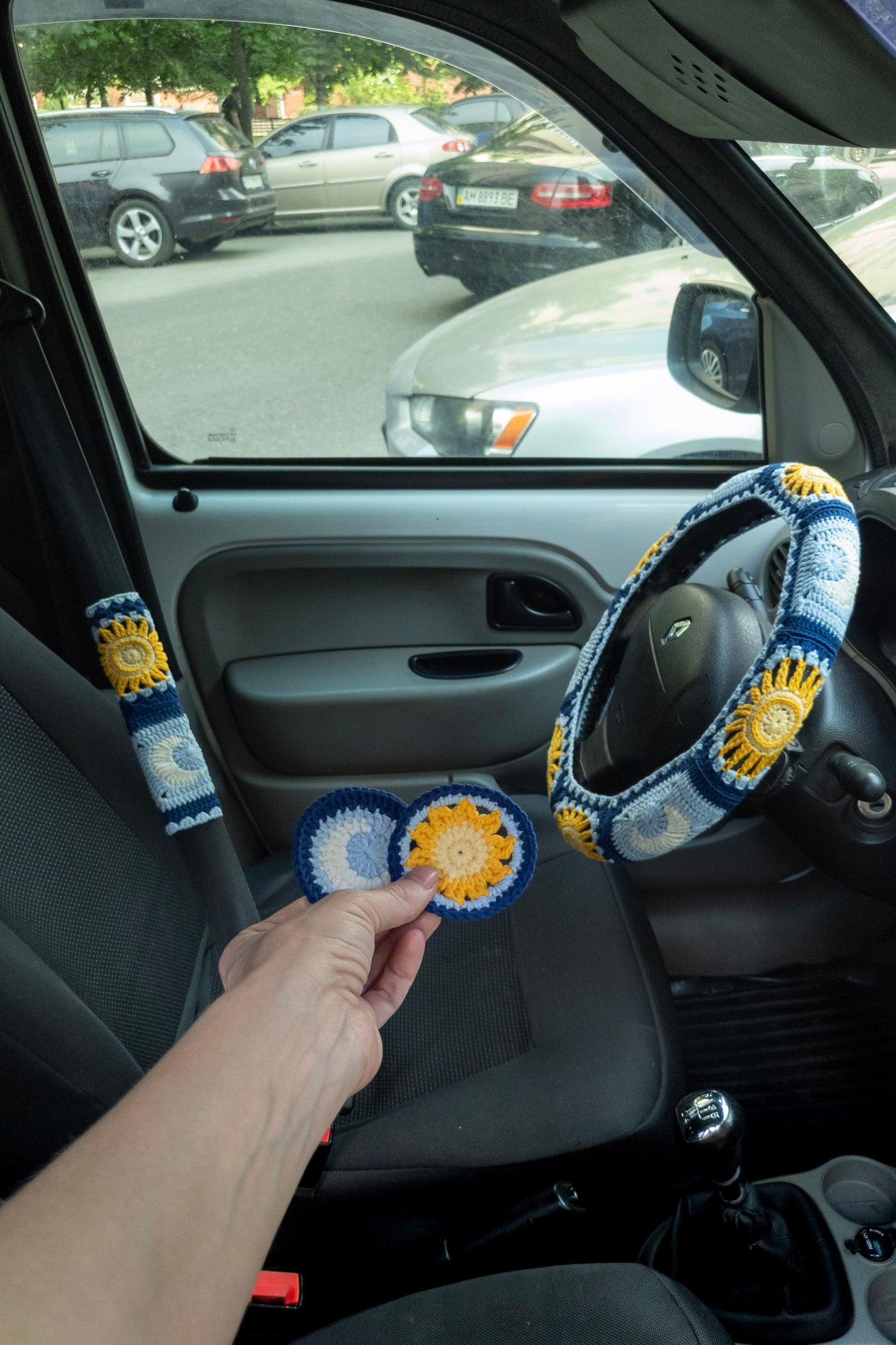 Blue Sun and Moon Steering Wheel Cover Set with car coasters and seat belt covers