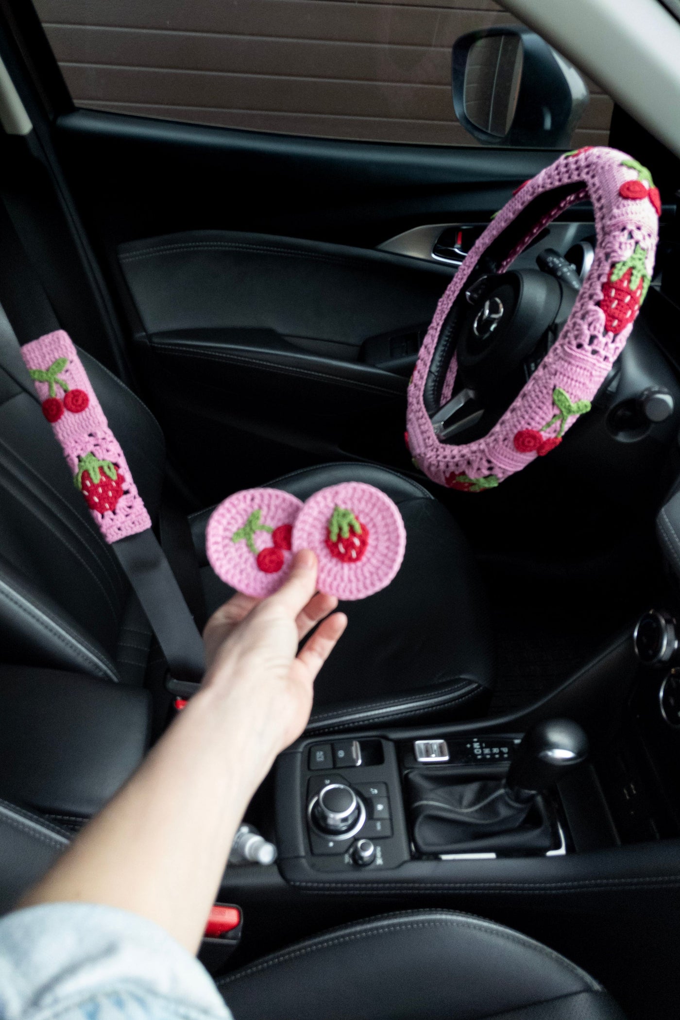 Strawberry and Cherry Steering Wheel Cover Set with car coasters and seat belt covers (hand crochet)