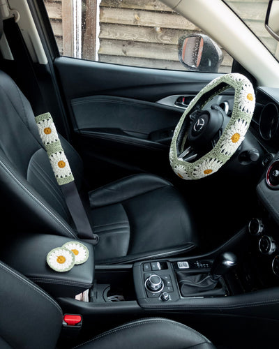Dusty Sage Green Daisy Steering Wheel Cover Set with car coasters and seat belt covers