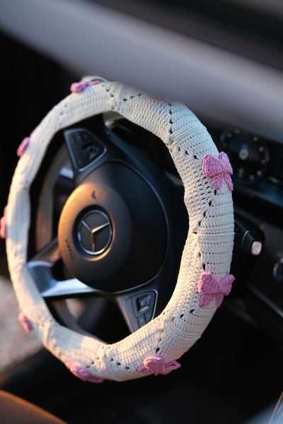 Bow Steering Wheel Cover Set with car coasters and seat belt covers