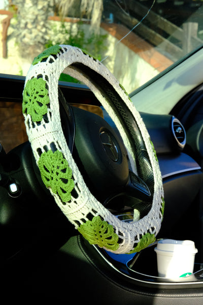 Monstera Steering Wheel Cover Set with car coasters and seat belt covers