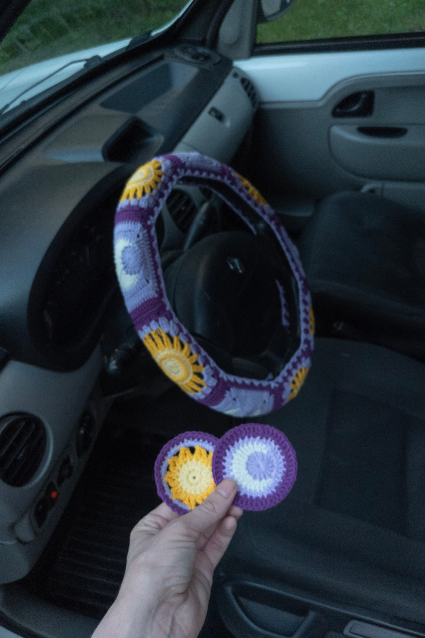 Purple  Sun and Moon Steering Wheel Cover Set with car coasters and seat belt covers