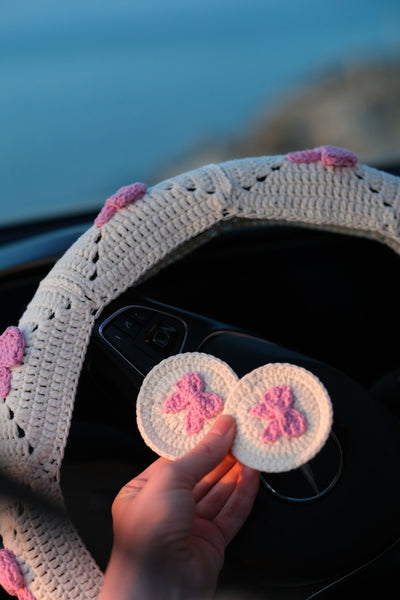 Bow Steering Wheel Cover Set with car coasters and seat belt covers