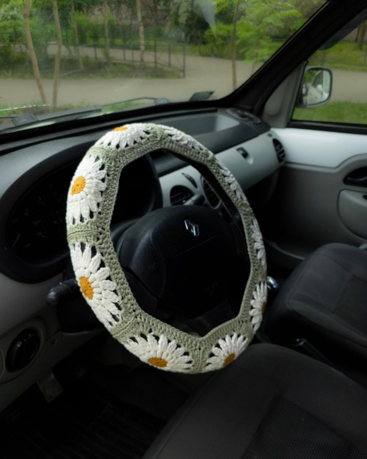 Dusty Sage Green Daisy Steering Wheel Cover Set with car coasters and seat belt covers