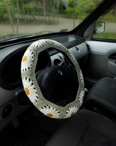 Dusty Sage Green Daisy Steering Wheel Cover Set with car coasters and seat belt covers
