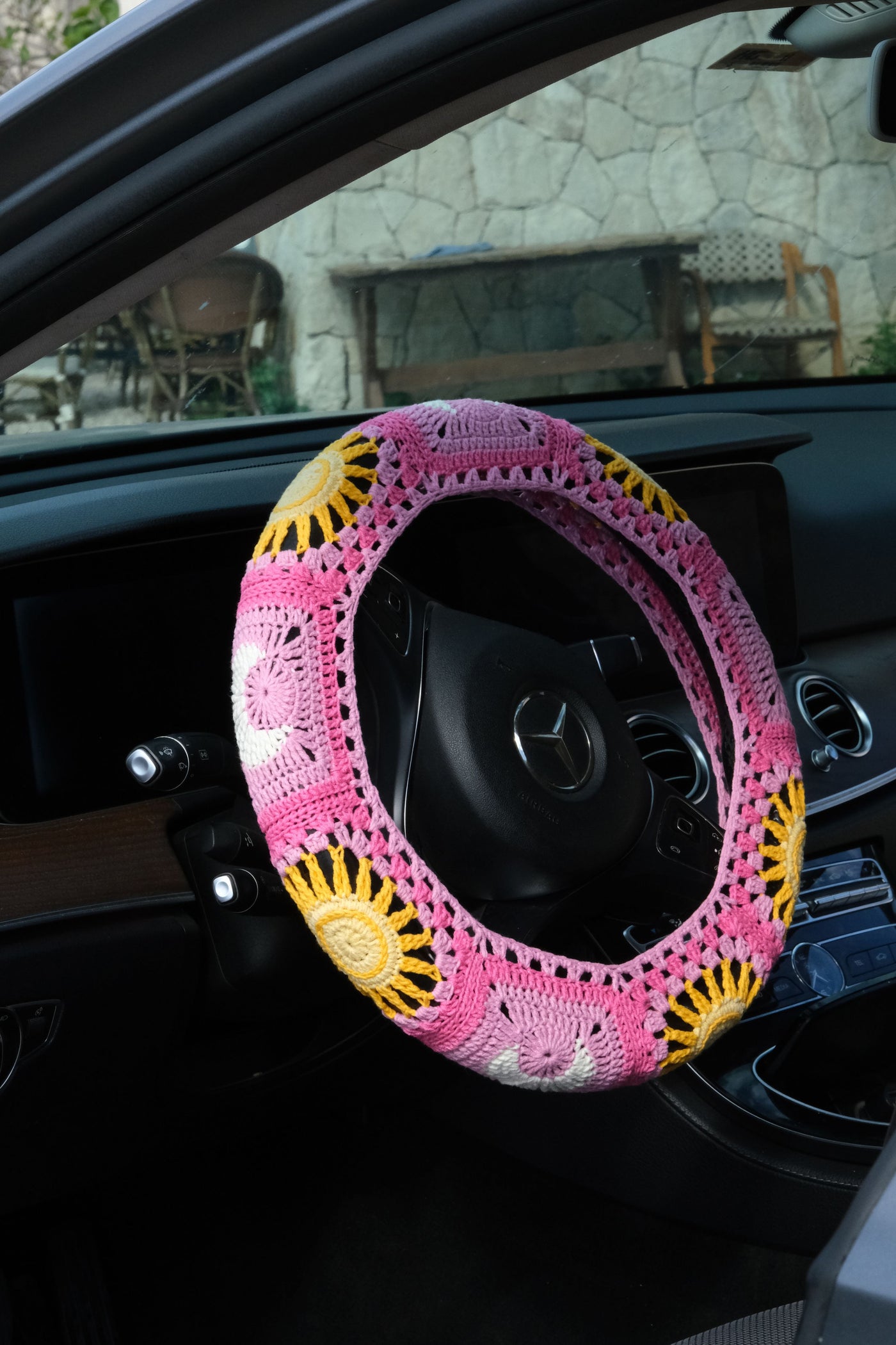 Pink Sun and Moon Steering Wheel Cover Set with car coasters and seat belt covers