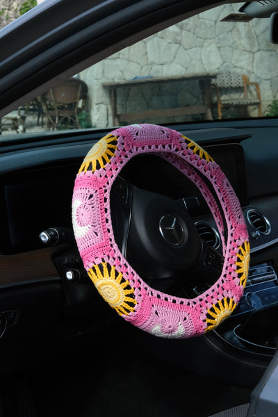 Pink Sun and Moon Steering Wheel Cover Set with car coasters and seat belt covers