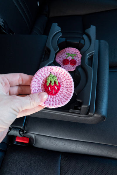 Strawberry and Cherry Steering Wheel Cover Set with car coasters and seat belt covers (hand crochet)