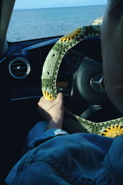 Green Sun and Moon Steering Wheel Cover Set with car coasters and seat belt covers
