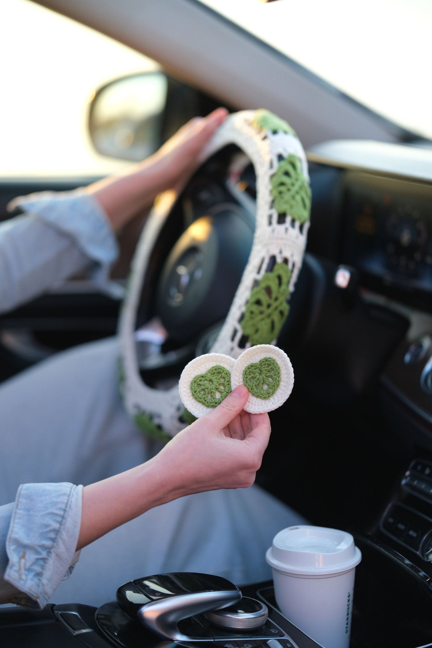 Monstera Steering Wheel Cover Set with car coasters and seat belt covers
