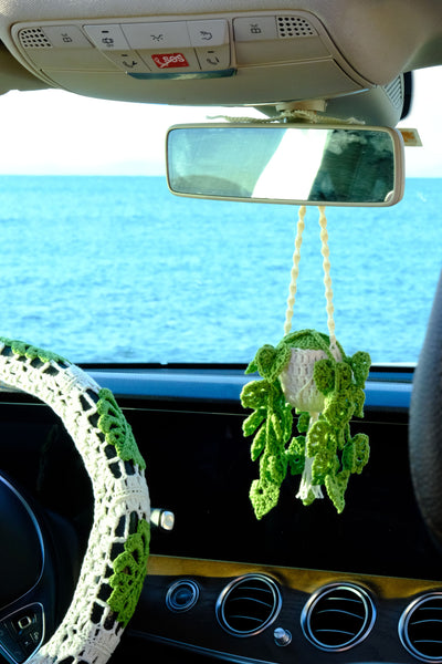 Monstera Steering Wheel Cover Set with car coasters and seat belt covers