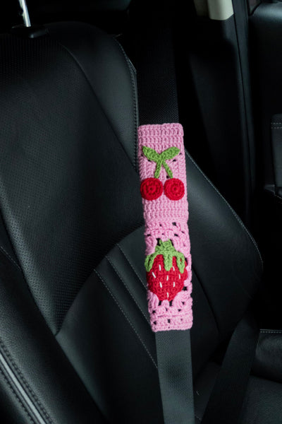 Strawberry and Cherry Steering Wheel Cover Set with car coasters and seat belt covers (hand crochet)