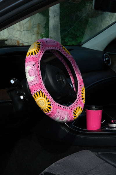 Pink Sun and Moon Steering Wheel Cover Set with car coasters and seat belt covers