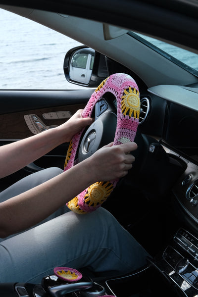 Pink Sun and Moon Steering Wheel Cover Set with car coasters and seat belt covers