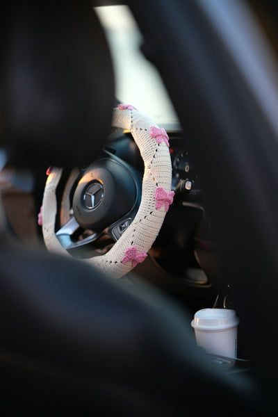 Bow Steering Wheel Cover Set with car coasters and seat belt covers