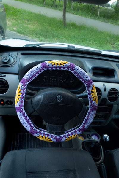 Purple  Sun and Moon Steering Wheel Cover Set with car coasters and seat belt covers