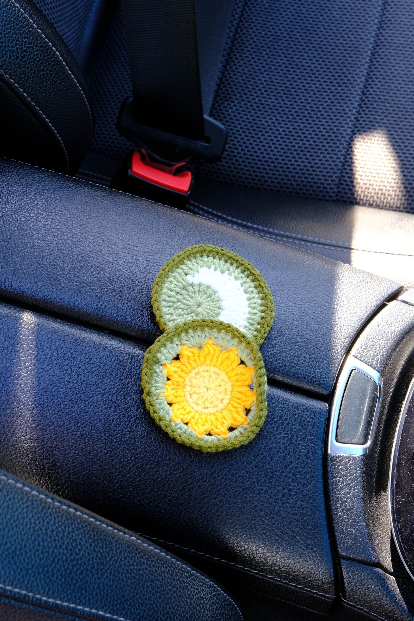 Green Sun and Moon Steering Wheel Cover Set with car coasters and seat belt covers