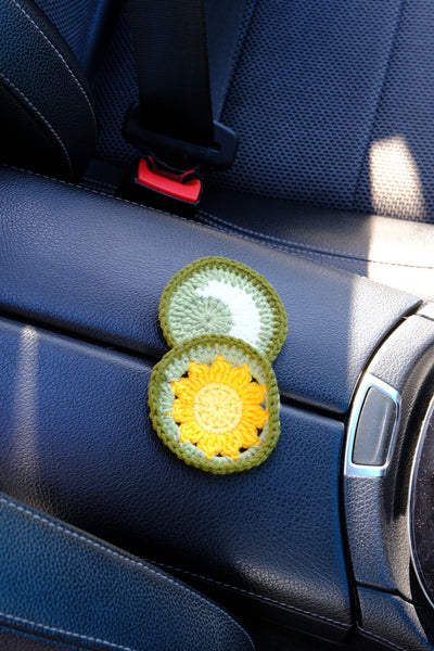 Green Sun and Moon Steering Wheel Cover Set with car coasters and seat belt covers