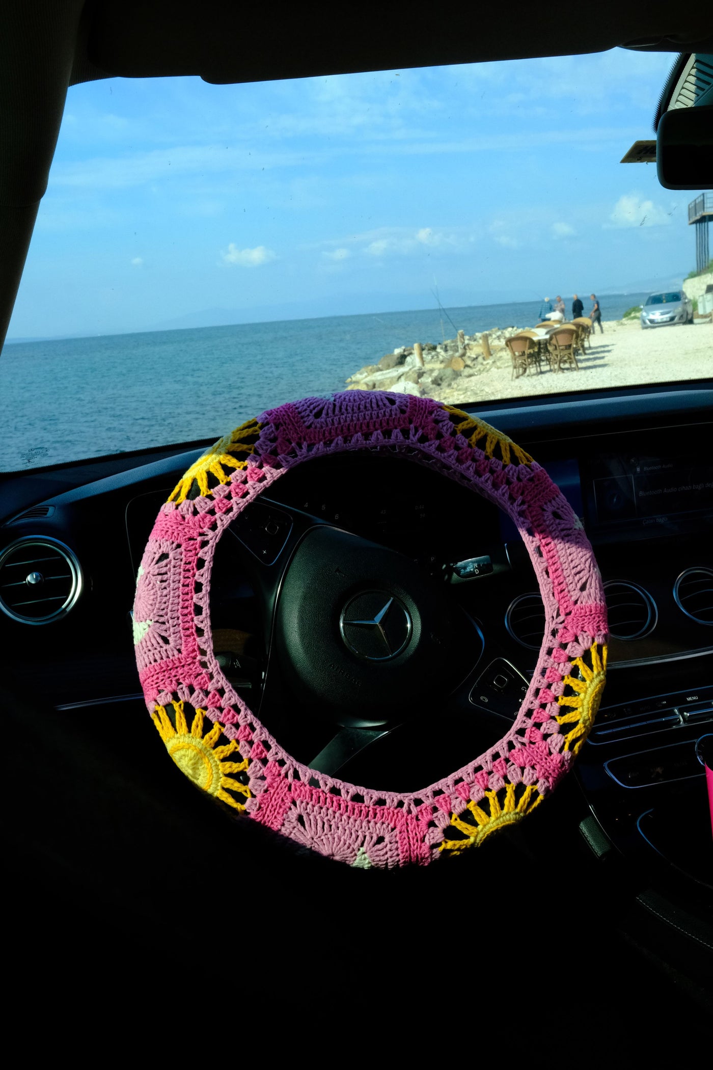 Pink Sun and Moon Steering Wheel Cover Set with car coasters and seat belt covers
