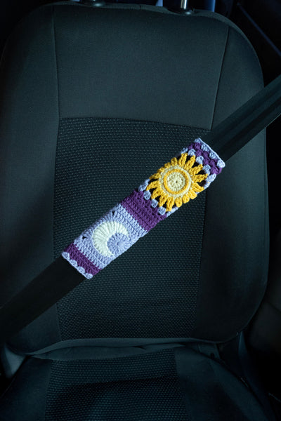 Purple  Sun and Moon Steering Wheel Cover Set with car coasters and seat belt covers