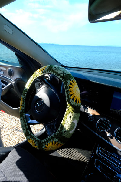 Green Sun and Moon Steering Wheel Cover Set with car coasters and seat belt covers