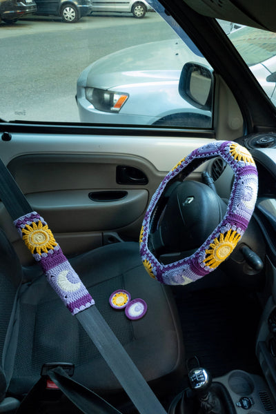 Purple  Sun and Moon Steering Wheel Cover Set with car coasters and seat belt covers