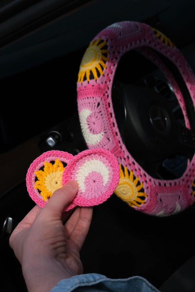 Pink Sun and Moon Steering Wheel Cover Set with car coasters and seat belt covers