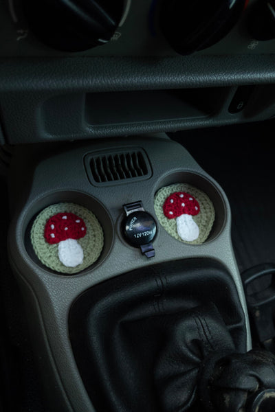 Mushroom Steering Wheel Cover Set with car coasters and seat belt covers (hand crochet)