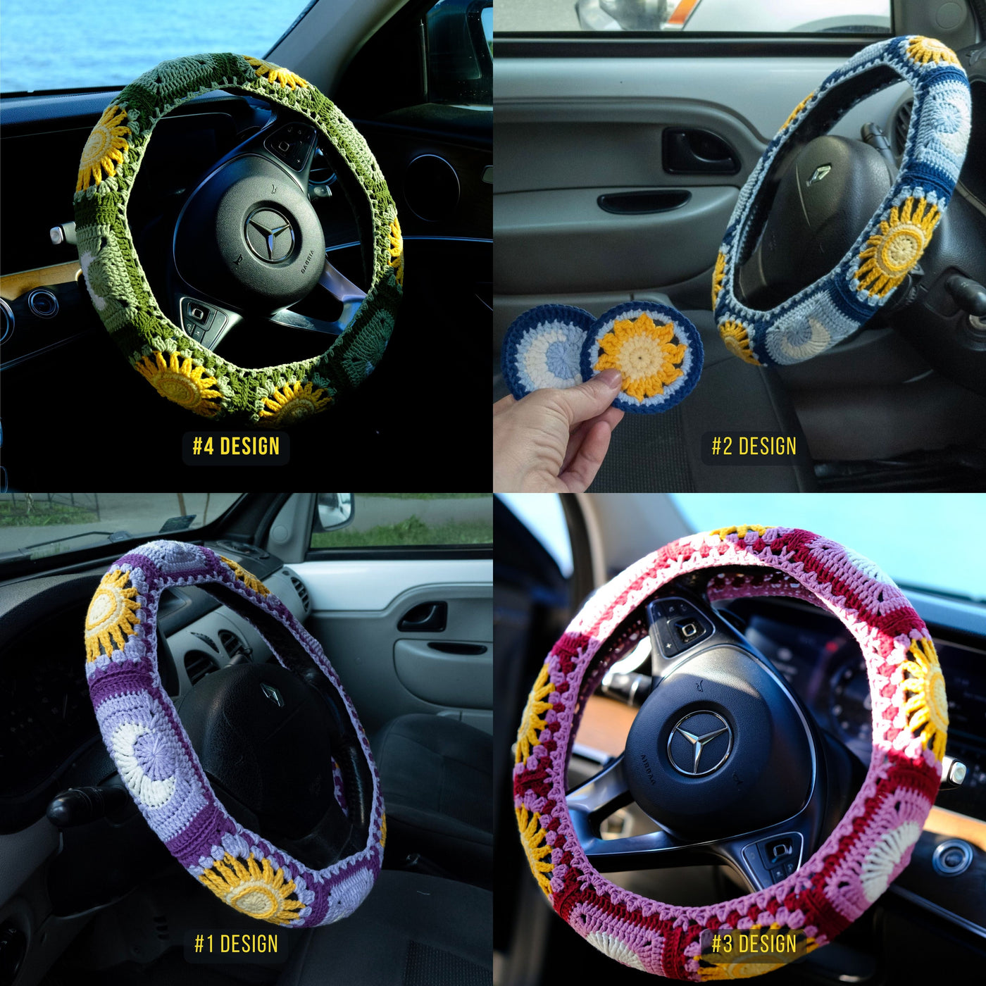 Pink Sun and Moon Steering Wheel Cover Set with car coasters and seat belt covers