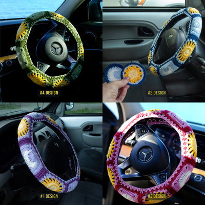 Pink Sun and Moon Steering Wheel Cover Set with car coasters and seat belt covers