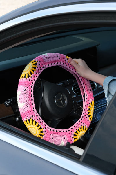 Pink Sun and Moon Steering Wheel Cover Set with car coasters and seat belt covers